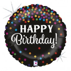 Фольгована кулька яскраве конфеті на чорному фоні "Happy Birthday" Фольгована кулька яскраве конфеті на чорному фоні "Happy Birthday"