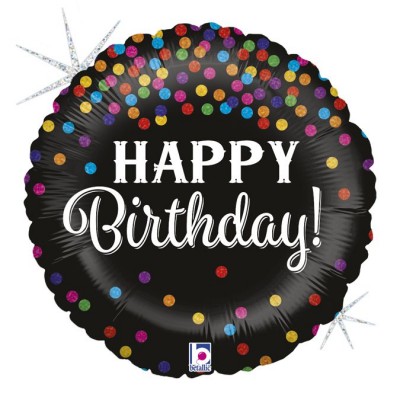 Фольгована кулька яскраве конфеті на чорному фоні "Happy Birthday"